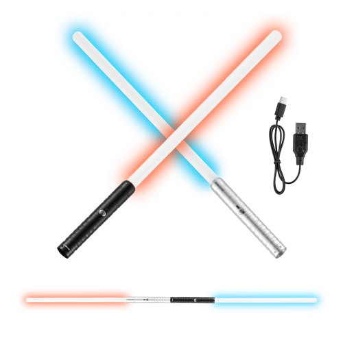 Ljussvärd, 2-pack lysande svärd med 7 RGB-färger, 4 ljudlägen och realistiskt handtag, uppladdningsbar svärdleksak för vuxna och barn, juldagen, Halloween-cosplay, födelsedag