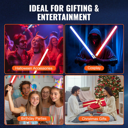 Ljussvärd, 2-pack lysande svärd med 7 RGB-färger, 4 ljudlägen och realistiskt handtag, uppladdningsbar svärdleksak för vuxna och barn, juldagen, Halloween-cosplay, födelsedag