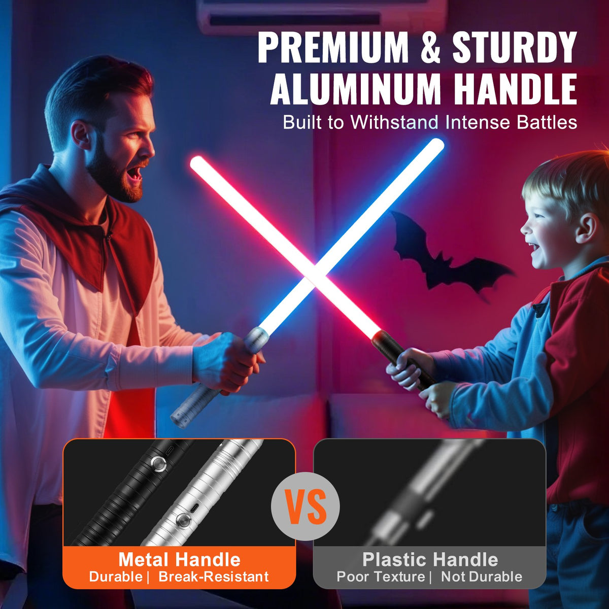 Ljussvärd, 2-pack lysande svärd med 7 RGB-färger, 4 ljudlägen och realistiskt handtag, uppladdningsbar svärdleksak för vuxna och barn, juldagen, Halloween-cosplay, födelsedag