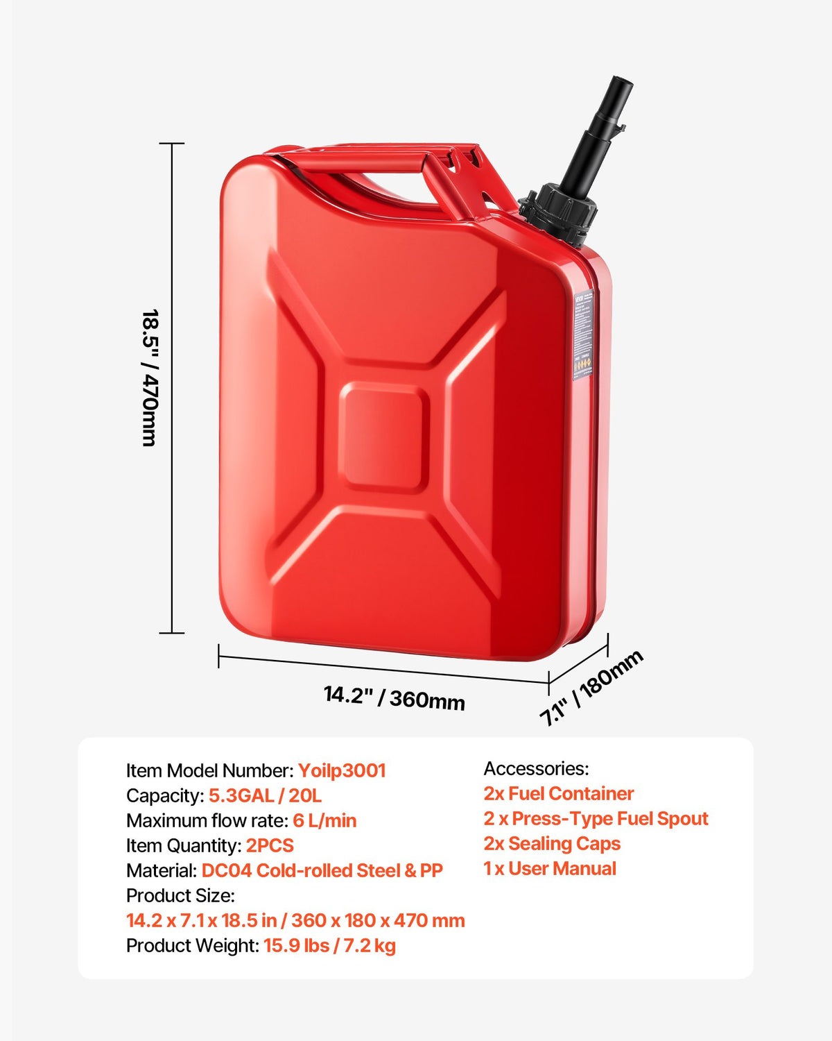 Metal Fuel Container, 20 L, Fuel Jerry Can with Spout and Comfort Handle, 6 L/min Max Flow Rate, Leakproof & Corrosion-resistant Metal Gas Tank Most Cars Motorcycle ATV UTV, Red, 2 Packs
