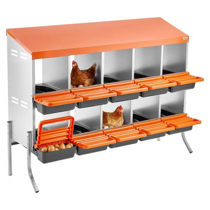 Chicken Nesting Boxes, 10 Compartments, with Support Legs, Easy Egg Collection, Galvanized Steel and High-Strength Plastic, Roll Away Nesting Boxes for Chickens and Hens Laying Eggs, Orange