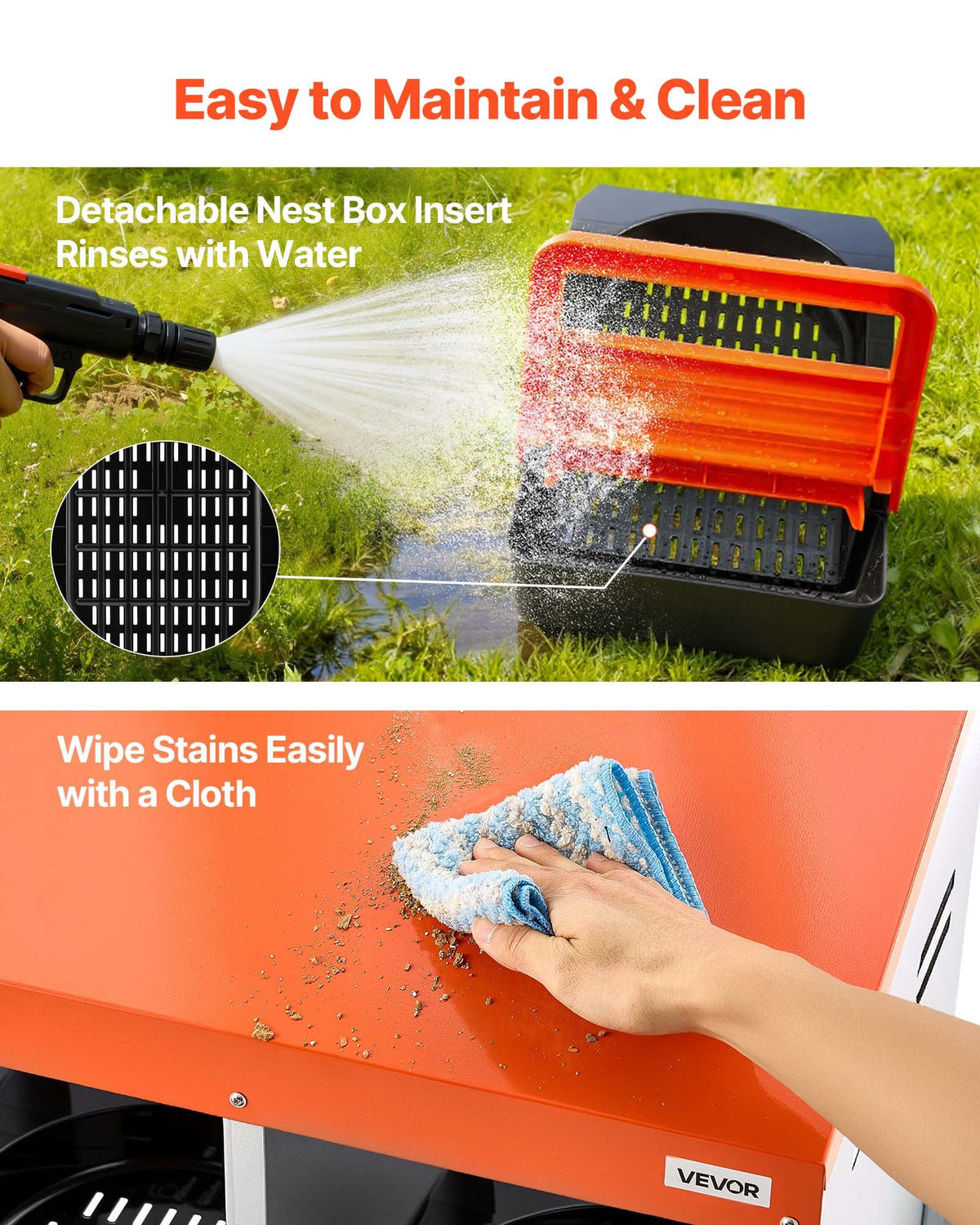 Chicken Nesting Boxes, 3 Compartments, with Support Legs, Easy Egg Collection, Galvanized Steel and High-Strength Plastic, Roll Away Nesting Boxes for Chickens and Hens Laying Eggs, Orange