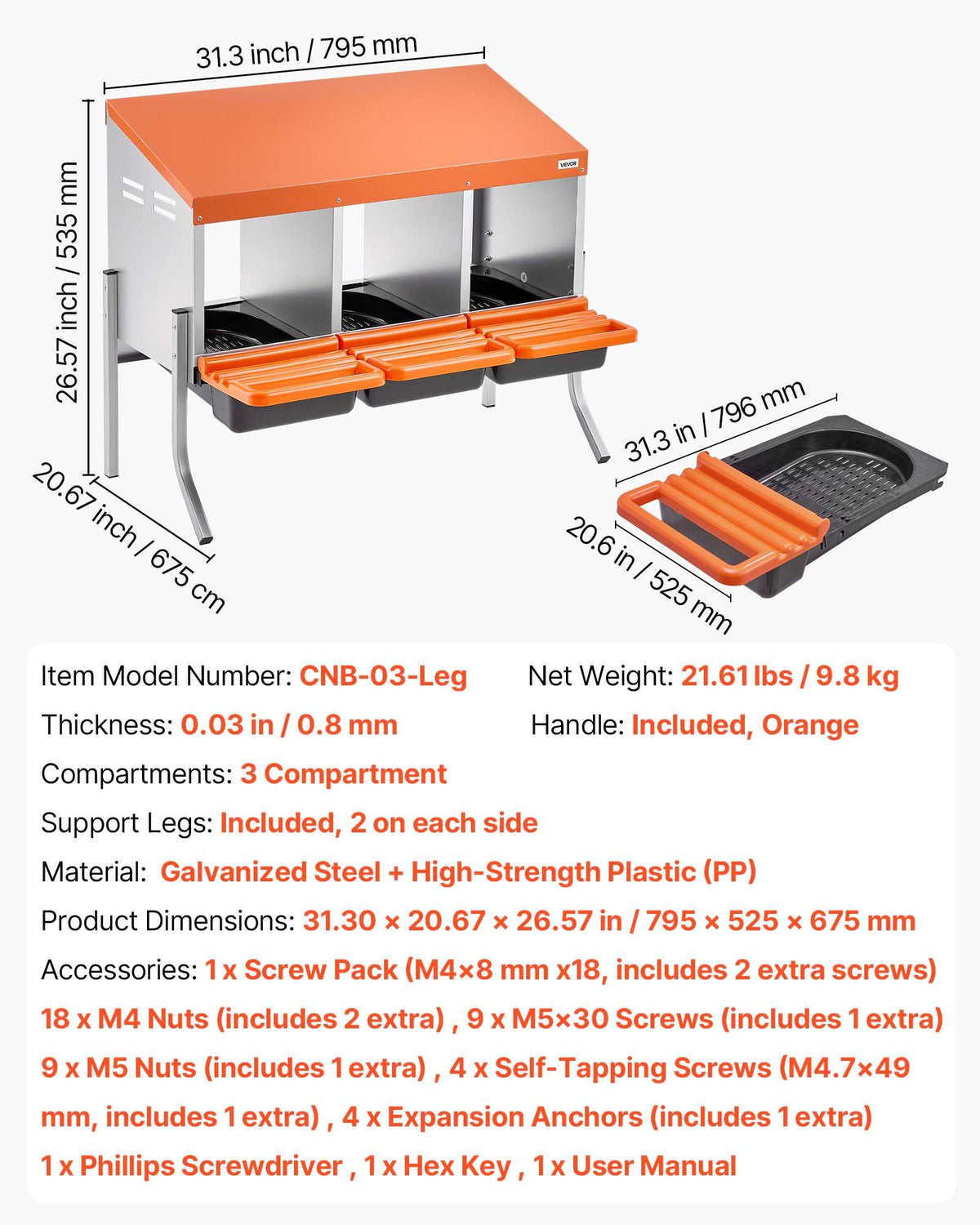 Chicken Nesting Boxes, 3 Compartments, with Support Legs, Easy Egg Collection, Galvanized Steel and High-Strength Plastic, Roll Away Nesting Boxes for Chickens and Hens Laying Eggs, Orange