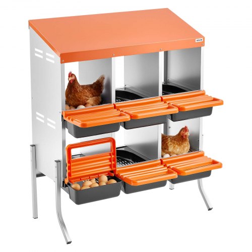 Chicken Nesting Boxes, 6 Compartments, with Support Legs, Easy Egg Collection, Galvanized Steel and High-Strength Plastic, Roll Away Nesting Boxes for Chickens and Hens Laying Eggs, Orange