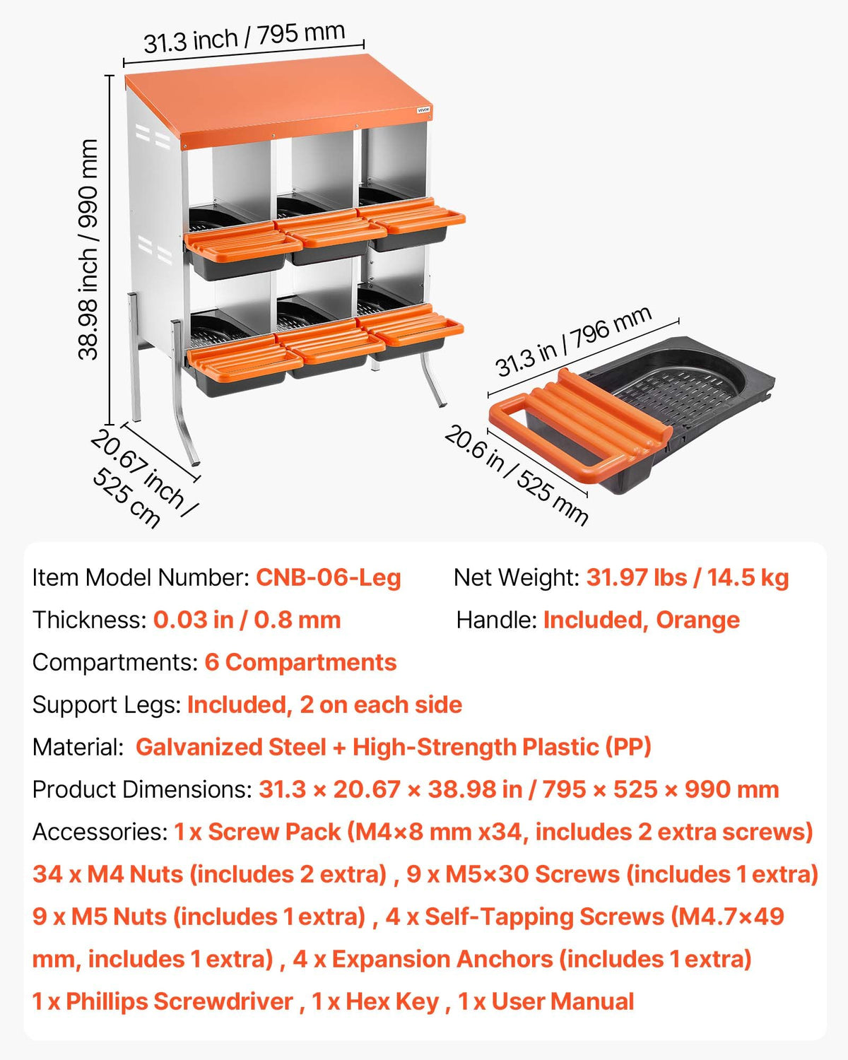 Chicken Nesting Boxes, 6 Compartments, with Support Legs, Easy Egg Collection, Galvanized Steel and High-Strength Plastic, Roll Away Nesting Boxes for Chickens and Hens Laying Eggs, Orange