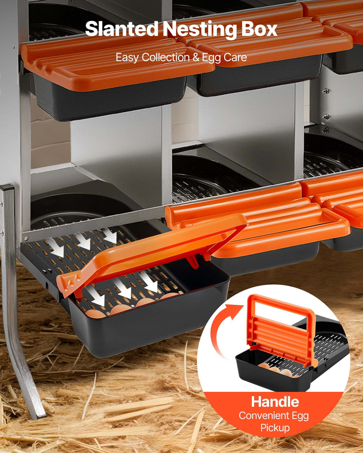 Chicken Nesting Boxes, 8 Compartments, with Support Legs, Easy Egg Collection, Galvanized Steel and High-Strength Plastic, Roll Away Nesting Boxes for Chickens and Hens Laying Eggs, Orange