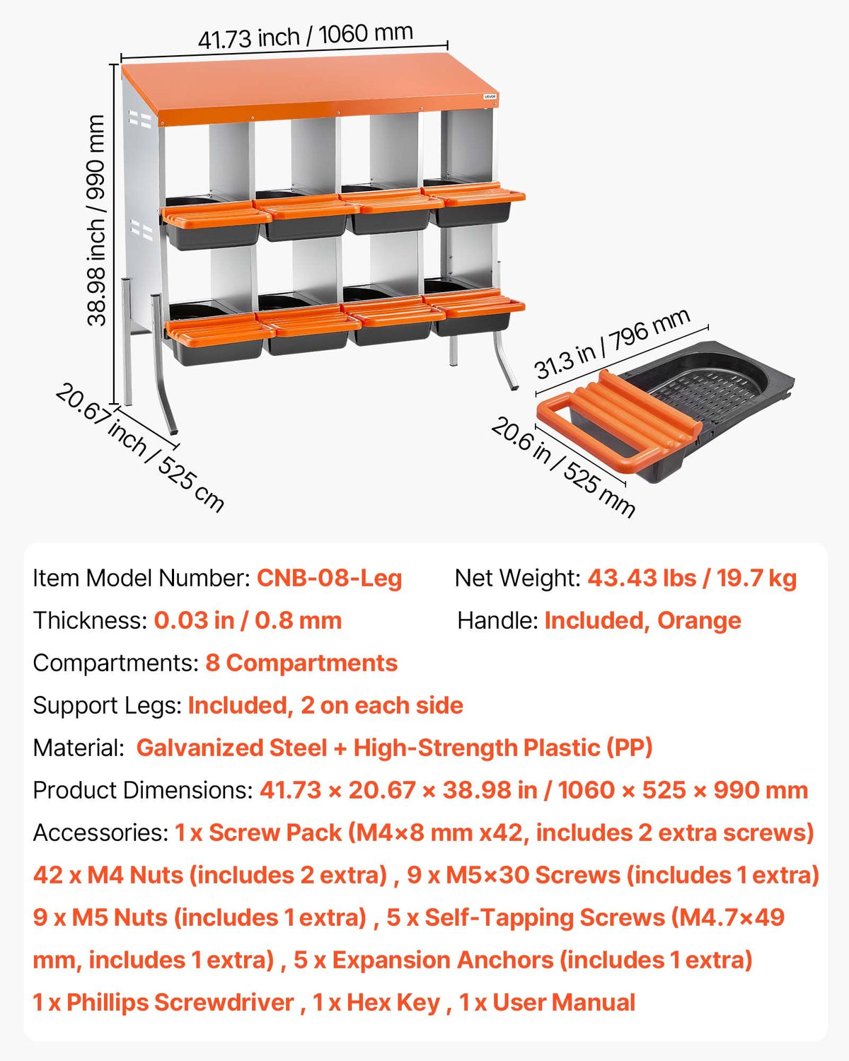 Chicken Nesting Boxes, 8 Compartments, with Support Legs, Easy Egg Collection, Galvanized Steel and High-Strength Plastic, Roll Away Nesting Boxes for Chickens and Hens Laying Eggs, Orange
