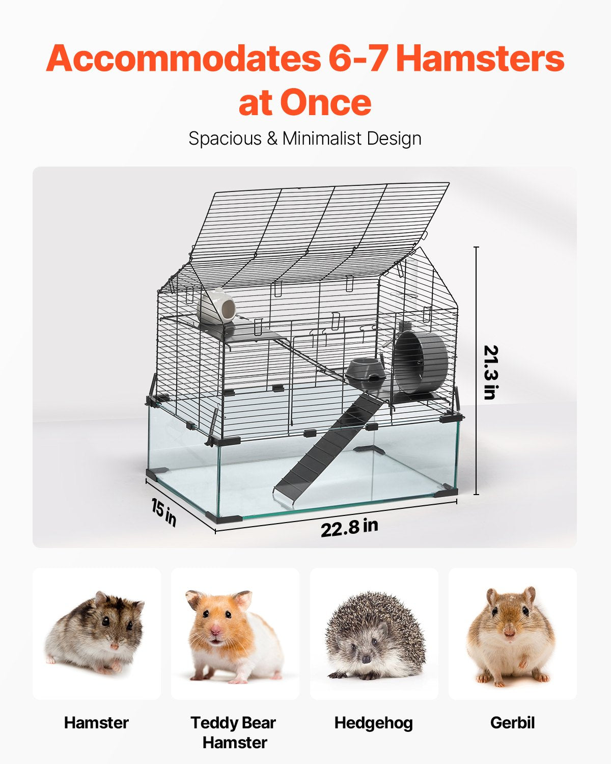 Hamsterbur, 360° visning, transparenta hamstermiljöer, smådjursbur, 22,8 x 15 x 21,3 tum, ventilerade musburar med vattenflaska, bärbart hamsterhus för råttor, marsvin