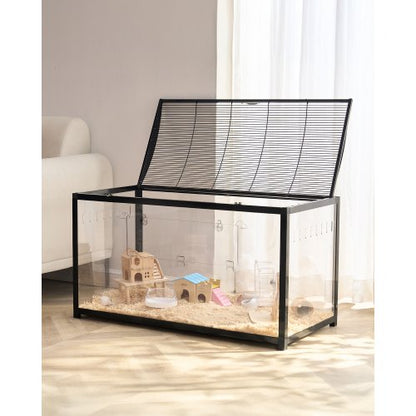 Hamsterbur, 360° visning, transparenta hamstermiljöer, smådjursbur, 91 x 46 x 59 cm, ventilerade musburar med ytterdörr, bärbart hamsterhus för råttor, marsvin
