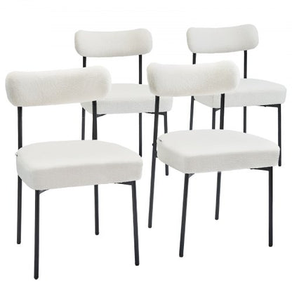Boucle matstolar, set om 4, moderna sherpa-accentstolar i 50-talets moderna stil, klädd sidostol för matbord, platsbesparande vit köksbordsstol med böjt ryggstöd och svarta metallben