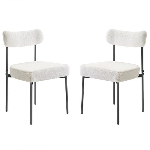 Boucle matstolar, set om 2, moderna sherpa-accentstolar i 50-talets moderna stil, klädd sidostol för matbord, platsbesparande vit köksbordsstol med böjt ryggstöd och svarta metallben