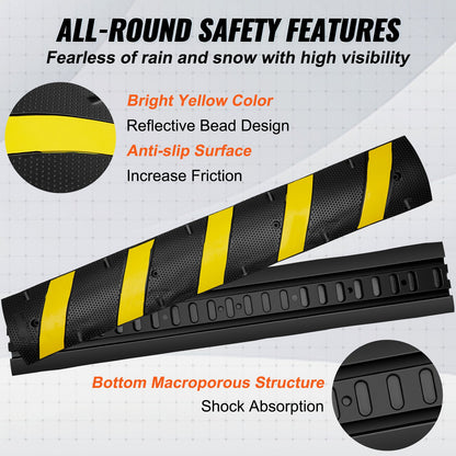 2 st. farthinder i gummi, 183 x 30 x 4,5 cm, 2 kanaler, 100 000 kg kapacitet, kraftiga farthinder, med högreflekterande gul remsa, 8 expansionsskruvar och 1 borr, för asfalterade grusvägar