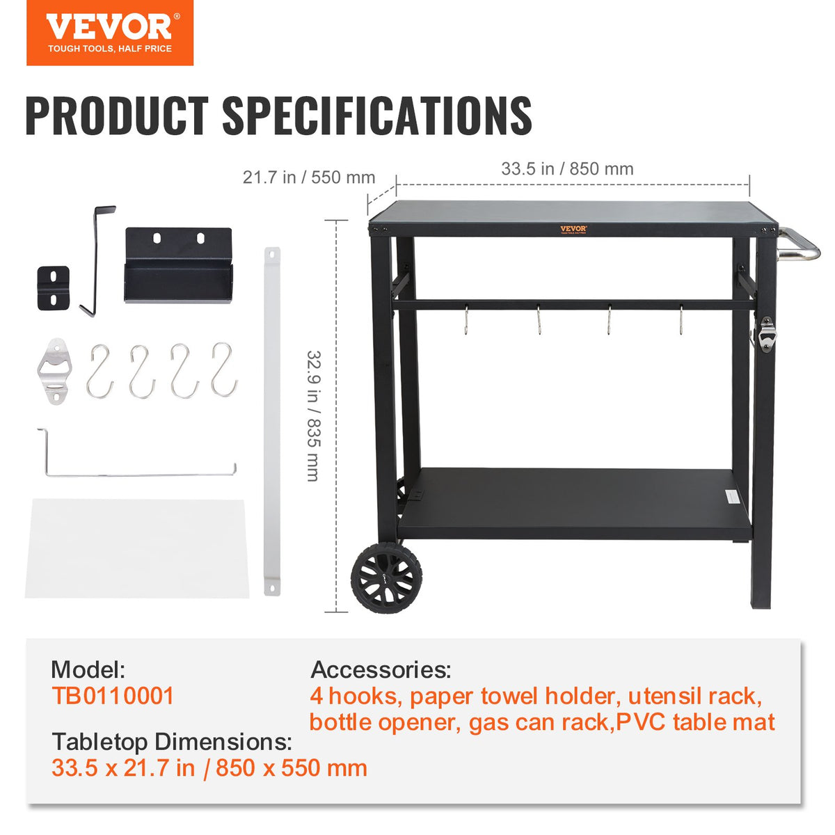 Outdoor Grill Dining Cart with Double-Shelf, BBQ Movable Food Prep Table, Multifunctional Iron Table Top, Portable Modular Carts for Pizza Oven, Worktable with 2 Wheels, Carry Handle, Black
