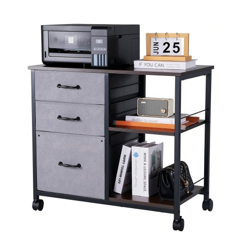 Metal File Cabinet, Mobile Filing Cabinet with 3 Fabric Drawers and 2 Open Shelves, Wooden Vertical Filing Storage Cabinets with Wheels for Letter, A4, Legal Size File, Easy Assembly, Brown