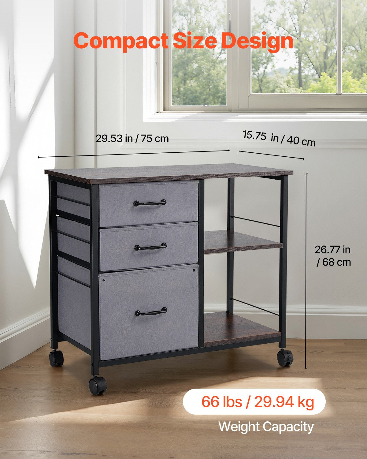 Metal File Cabinet, Mobile Filing Cabinet with 3 Fabric Drawers and 2 Open Shelves, Wooden Vertical Filing Storage Cabinets with Wheels for Letter, A4, Legal Size File, Easy Assembly, Brown