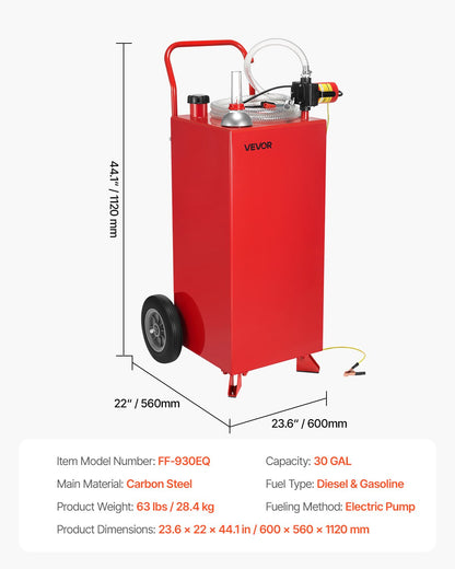 30 gallon bränslebehållare, maxflöde 32 l/min, bensin- och dieseltank med elektrisk pump, bärbar bränsletank med 2 hjul och 10 fots slang, bensinbehållare för ATV, bil, gräsklippare, båt, motorcykel