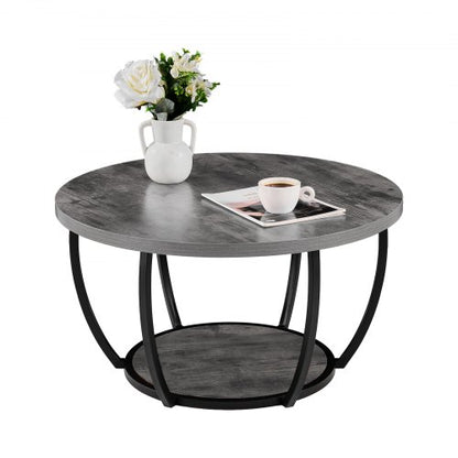 Coffee Table, Modern Round Coffee Table, 2 Tiers Wooden Circle Center Desk with Open Storage, Minimalist Sturdy Metal Frame Accent End Desk for Living Room, Office, Easy Assembly, Grey