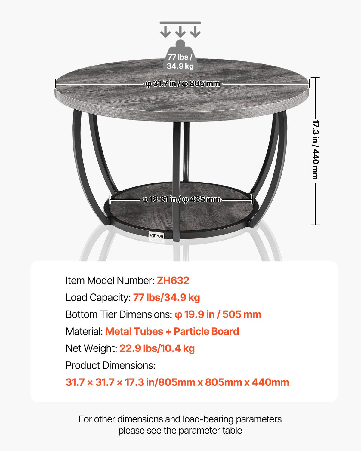 Coffee Table, Modern Round Coffee Table, 2 Tiers Wooden Circle Center Desk with Open Storage, Minimalist Sturdy Metal Frame Accent End Desk for Living Room, Office, Easy Assembly, Grey
