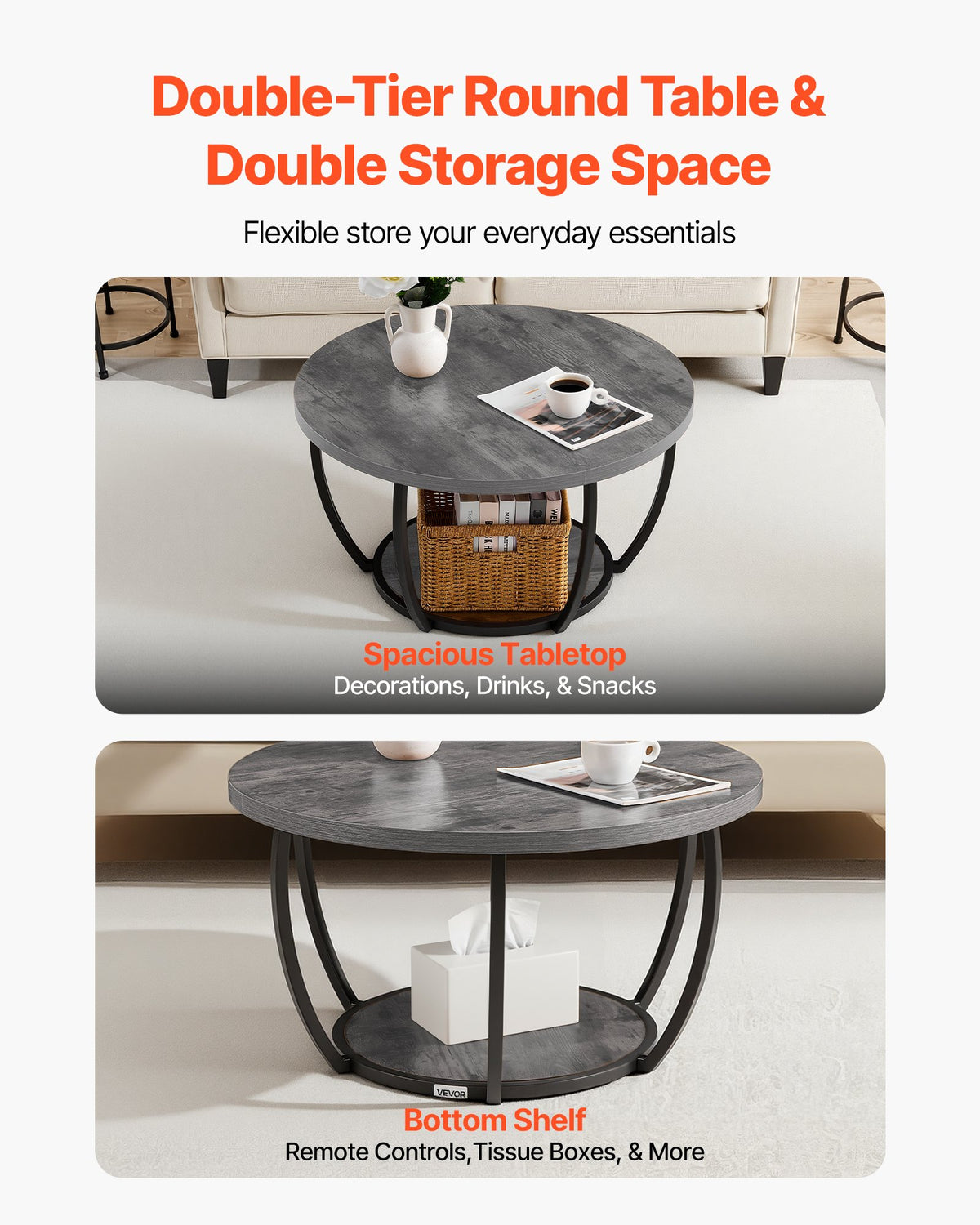 Coffee Table, Modern Round Coffee Table, 2 Tiers Wooden Circle Center Desk with Open Storage, Minimalist Sturdy Metal Frame Accent End Desk for Living Room, Office, Easy Assembly, Grey