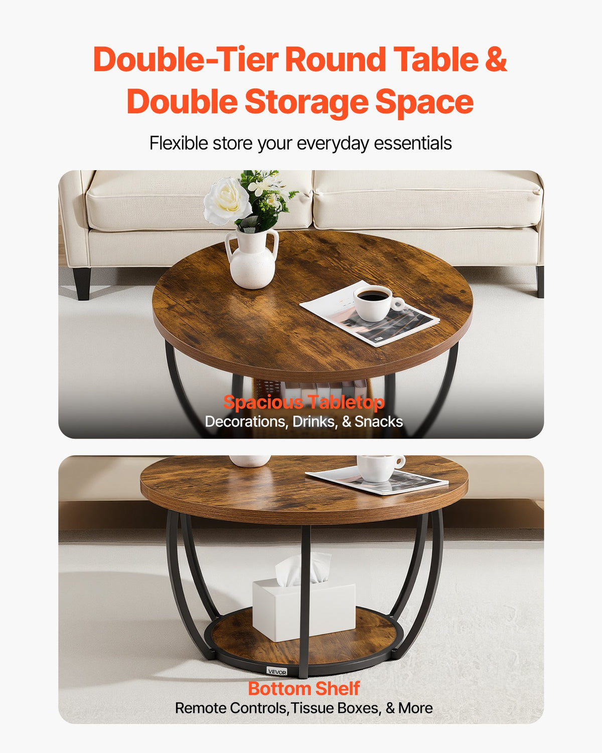 Coffee Table, Modern Round Coffee Table, 2 Tiers Wooden Circle Center Desk with Open Storage, Minimalist Sturdy Metal Frame Accent End Desk for Living Room, Office, Easy Assembly, Rustic Brown