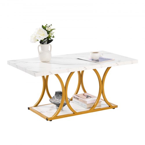 Coffee Table, Modern Faux Marble Coffee Table, 2-Tier Rectangle Center Desk with Geometric Legs, Minimalist Sturdy Metal Frame Accent End Desk for Living Room, Office, Easy Assembly, White