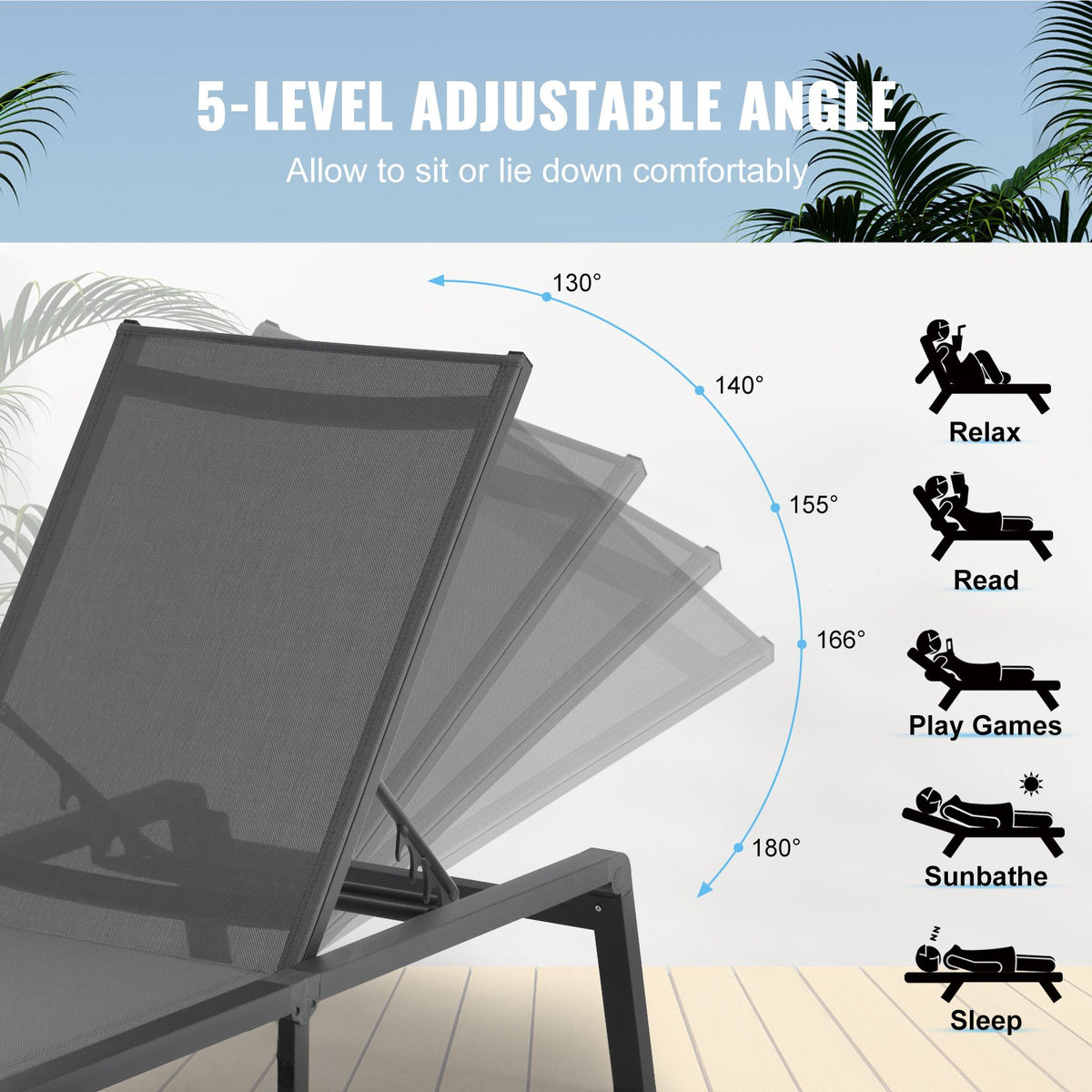 Chaise Lounge Chair Outdoor, Aluminum Patio Lounge Chair with Adjustable 5-Position, Folding Pool Lounge Chair Recliner and Full Flat Tanning Chair for Patio, Beach, Pool, Dark Grey