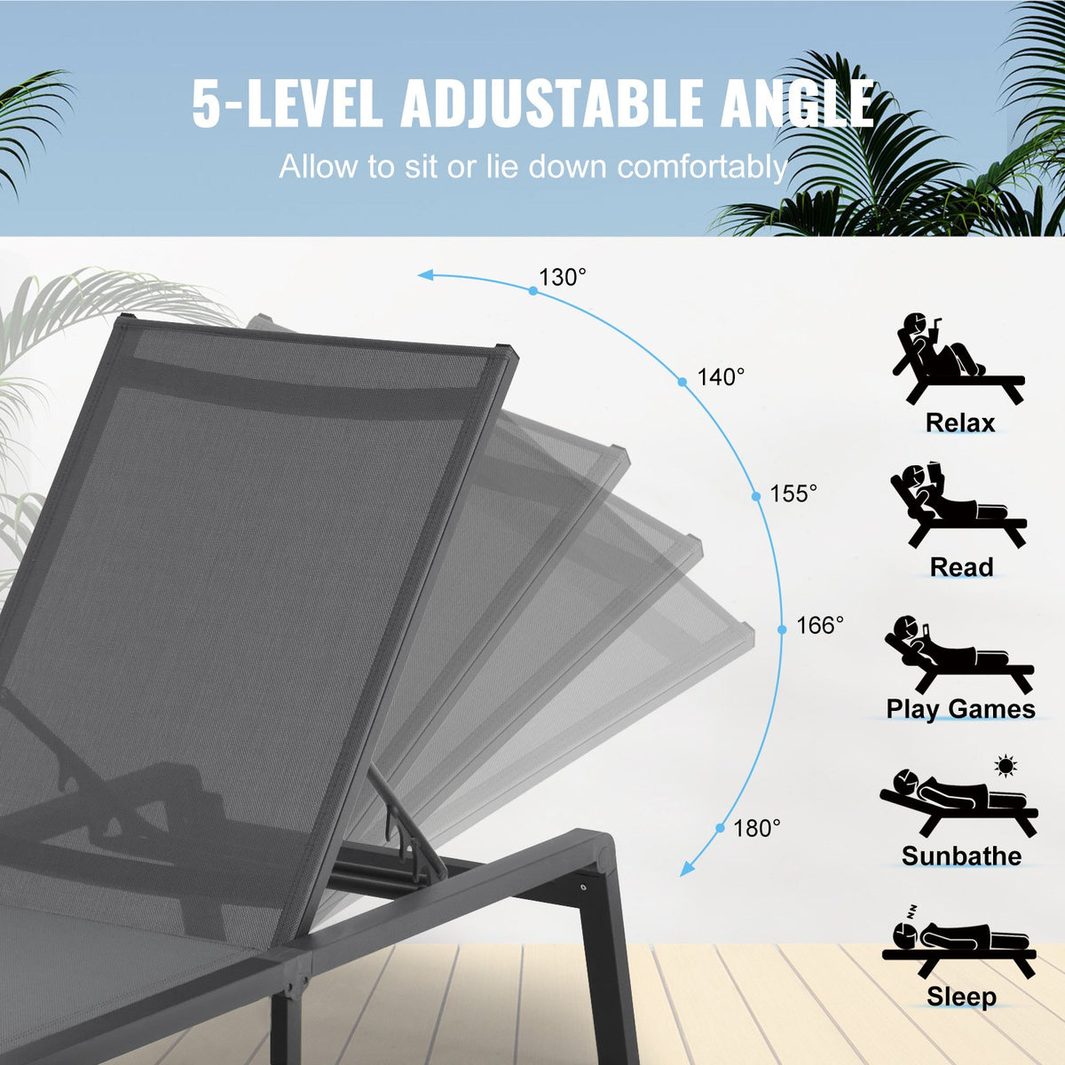 Schäslongfåtöljer för utomhusbruk, aluminium uteplatsstolar med justerbara 5-lägen, hopfällbara poolstolar, vilfåtölj och helt plana solariefåtöljer för uteplats, strand, pool, mörkgrå, 2 st