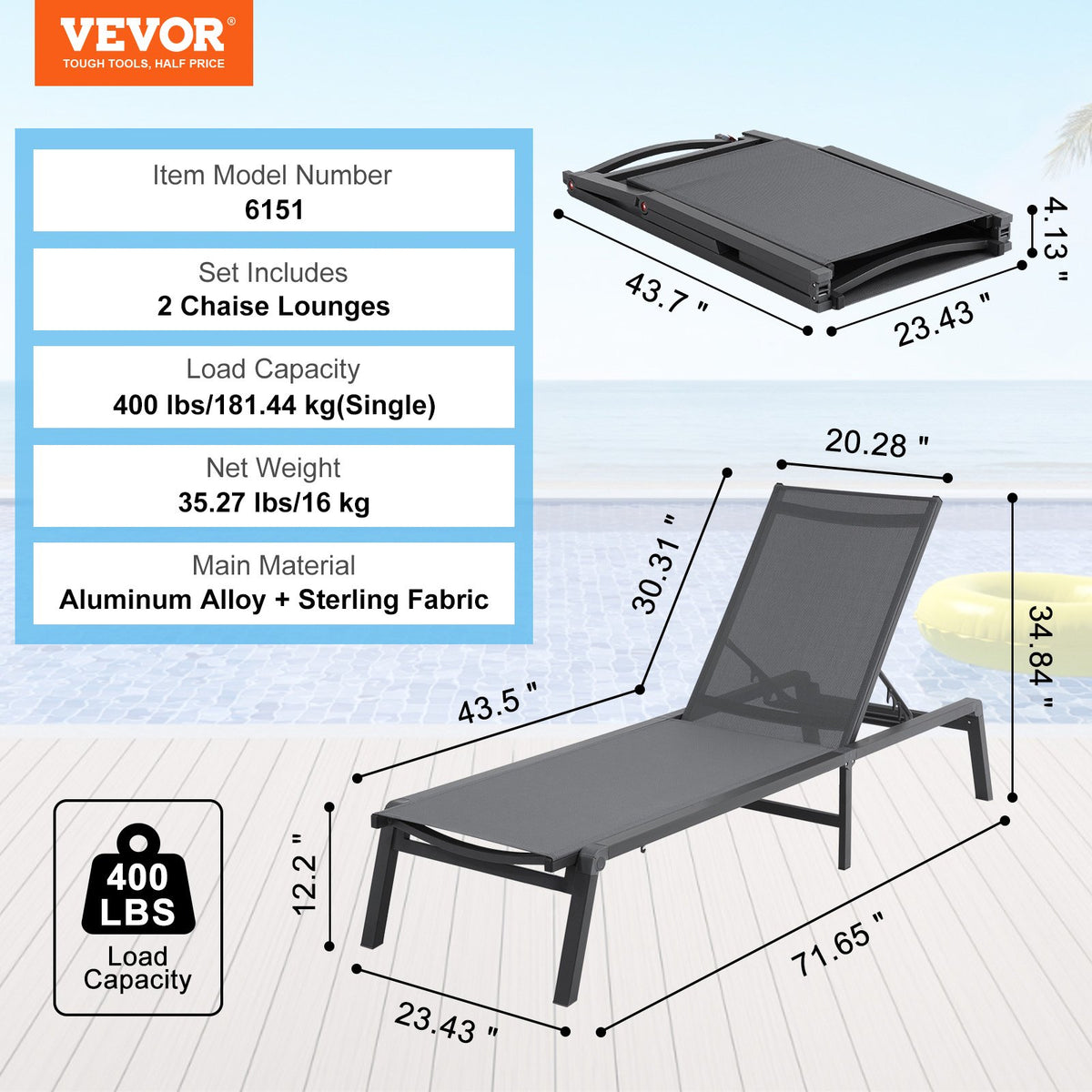 Schäslongfåtöljer för utomhusbruk, aluminium uteplatsstolar med justerbara 5-lägen, hopfällbara poolstolar, vilfåtölj och helt plana solariefåtöljer för uteplats, strand, pool, mörkgrå, 2 st