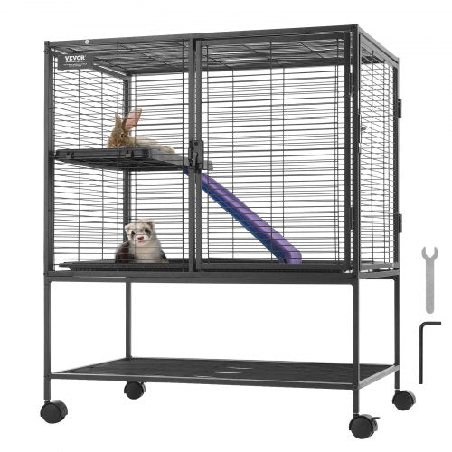 90 cm rullande illerbur i metall, stor Critter Nation-bur med 2 nivåer, bur för smådjur med ramper och bricka, enkel att montera för råttor, hamstrar, marsvin, chinchilla, ekorre, igelkottar och kaniner