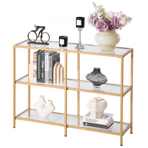 Konsolbord i glas med 3 våningar, modernt rektangulärt sidobord i härdat glas och järnben, gyllene Consloe-skrivbord med tippskydd för vardagsrum, hall, entré, foajé, gyllene