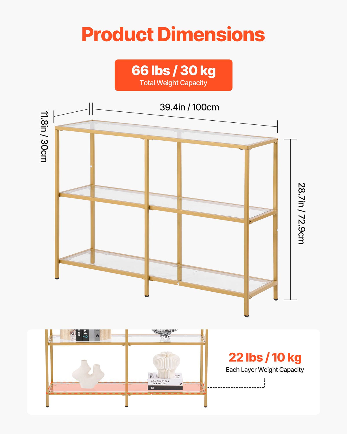 Konsolbord i glas med 3 våningar, modernt rektangulärt sidobord i härdat glas och järnben, gyllene Consloe-skrivbord med tippskydd för vardagsrum, hall, entré, foajé, gyllene
