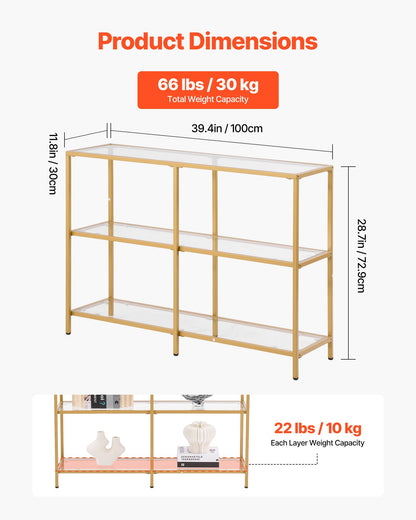 Konsolbord i glas med 3 våningar, modernt rektangulärt sidobord i härdat glas och järnben, gyllene Consloe-skrivbord med tippskydd för vardagsrum, hall, entré, foajé, gyllene