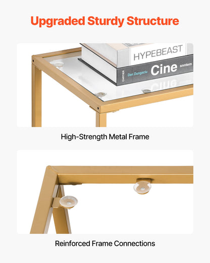 Konsolbord i glas med 3 våningar, modernt rektangulärt sidobord i härdat glas och järnben, gyllene Consloe-skrivbord med tippskydd för vardagsrum, hall, entré, foajé, gyllene