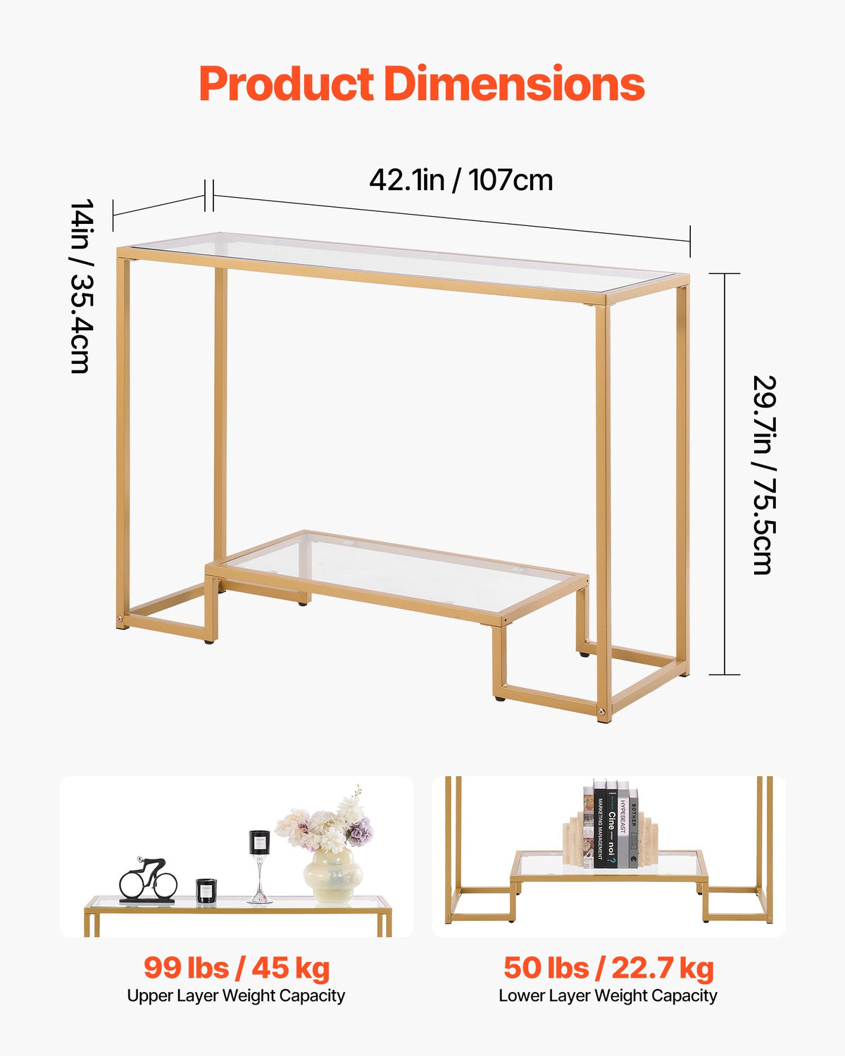 Konsolbord i glas med 2 våningar, modernt rektangulärt sidobord i härdat glas och järnben, gyllene Consloe-skrivbord med tippsäkert skydd för vardagsrum, hall, entré, foajé, gyllene