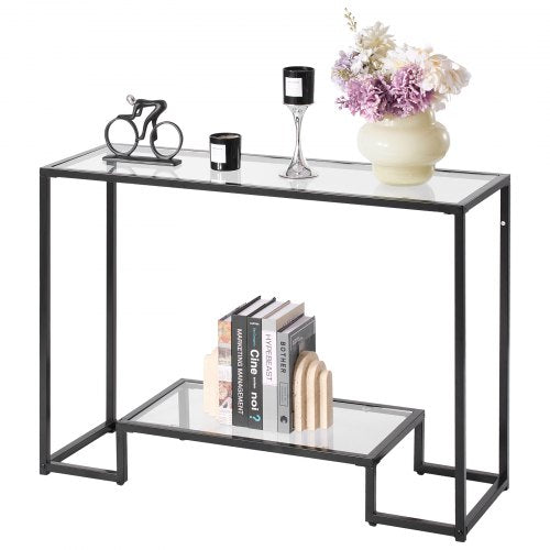 Konsolbord i glas med 2 våningar, modernt rektangulärt sidobord i härdat glas och järnben, gyllene Consloe-skrivbord med tippsäkert skydd för vardagsrum, hall, entré, foajé, svart