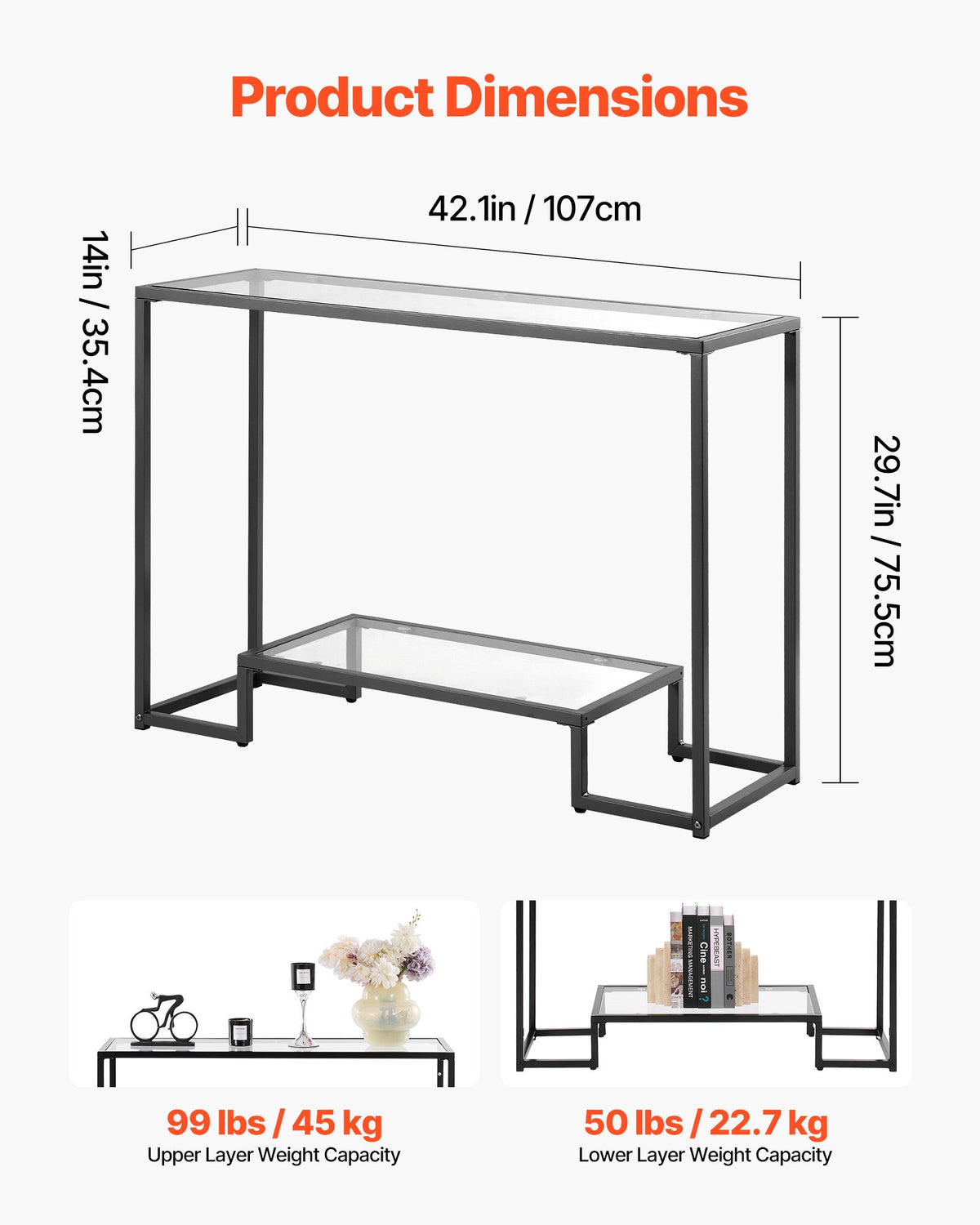 Konsolbord i glas med 2 våningar, modernt rektangulärt sidobord i härdat glas och järnben, gyllene Consloe-skrivbord med tippsäkert skydd för vardagsrum, hall, entré, foajé, svart