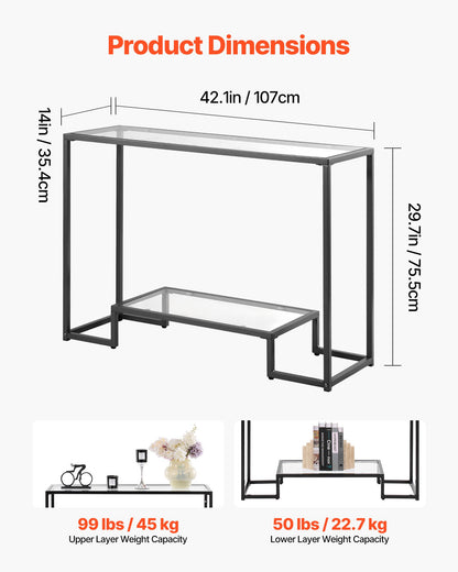 Konsolbord i glas med 2 våningar, modernt rektangulärt sidobord i härdat glas och järnben, gyllene Consloe-skrivbord med tippsäkert skydd för vardagsrum, hall, entré, foajé, svart