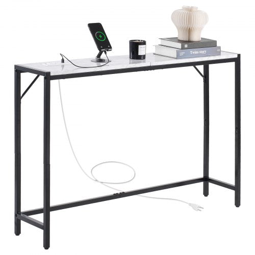 Marmorkonsolbord, Modernt smalt långt konsolbord med eluttag, Tunt soffbord med järnrör, tippskydd och triangulärt stöd för vardagsrum, hall, entré, foajé
