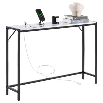 Marmorkonsolbord, Modernt smalt långt konsolbord med eluttag, Tunt soffbord med järnrör, tippskydd och triangulärt stöd för vardagsrum, hall, entré, foajé