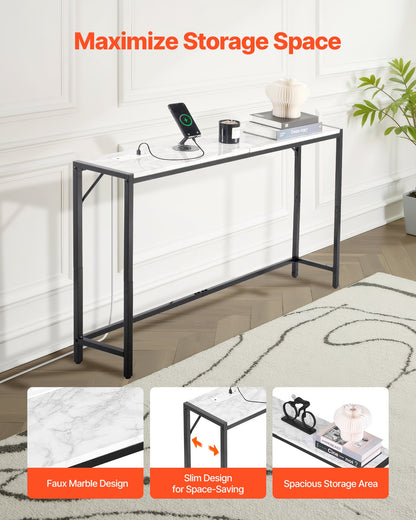 Marmorkonsolbord, Modernt smalt långt konsolbord med eluttag, Tunt soffbord med järnrör, tippskydd och triangulärt stöd för vardagsrum, hall, entré, foajé