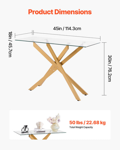 Soffbord i glas, modernt rektangulärt sidobord i soffa med härdat glas och korsben i järn, gyllene geometriskt Consloe-skrivbord med justerbara halkfria fotplattor för vardagsrum, entré, foajé