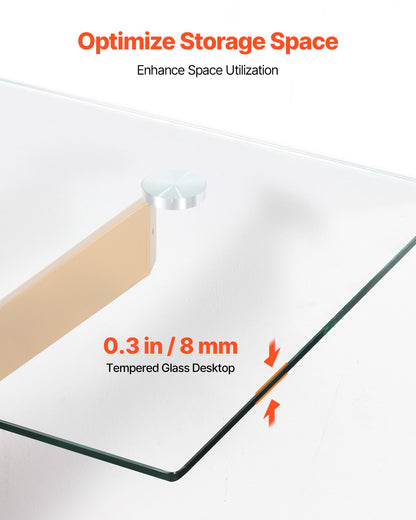 Soffbord i glas, modernt rektangulärt sidobord i soffa med härdat glas och korsben i järn, gyllene geometriskt Consloe-skrivbord med justerbara halkfria fotplattor för vardagsrum, entré, foajé