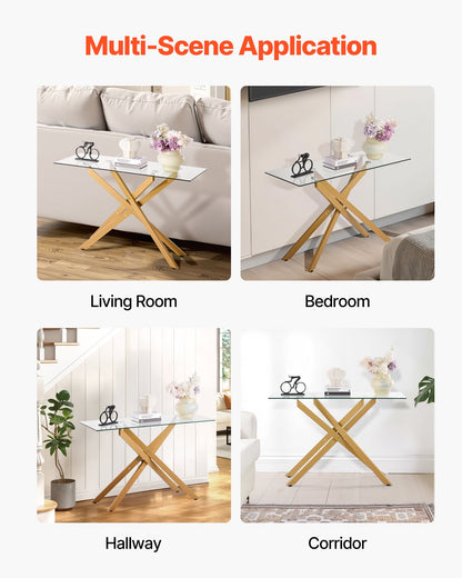 Soffbord i glas, modernt rektangulärt sidobord i soffa med härdat glas och korsben i järn, gyllene geometriskt Consloe-skrivbord med justerbara halkfria fotplattor för vardagsrum, entré, foajé