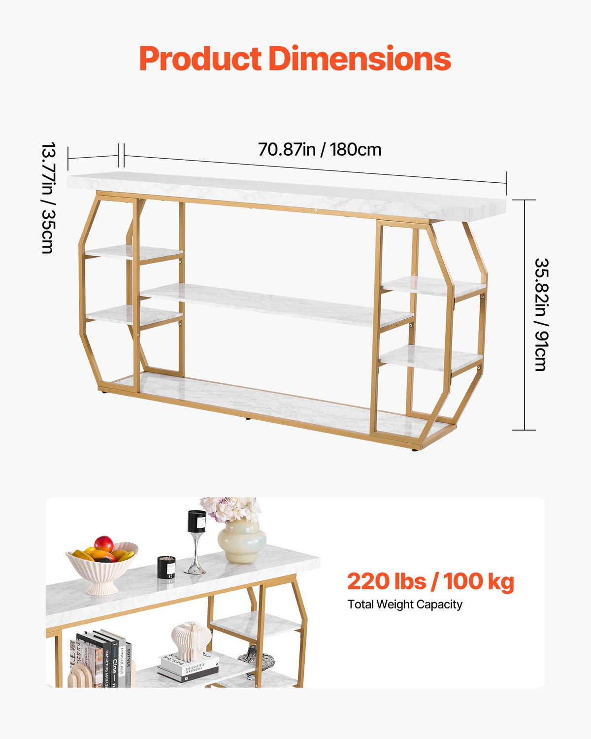 Marmorkonsolbord, 3 våningar modernt konsolbord för öppen förvaring, gyllene geometriskt bord med järnrör, tippskydd och triangulärt stöd för vardagsrum, hall, entré, foajé