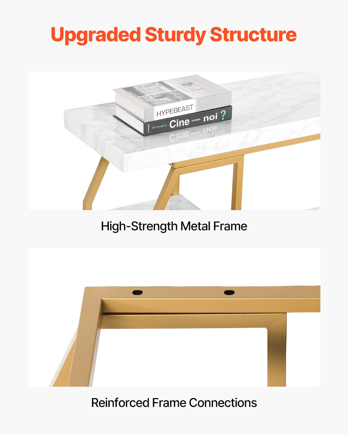 Marmorkonsolbord, 3 våningar modernt konsolbord för öppen förvaring, gyllene geometriskt bord med järnrör, tippskydd och triangulärt stöd för vardagsrum, hall, entré, foajé