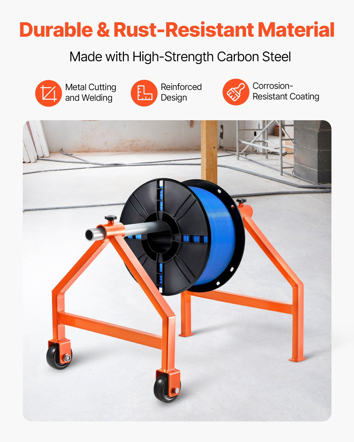 Trådrullställ, 100 kg / 220 lbs lastkapacitet, bärbar kabelhållare, flyttbart trådställ med hjul, spolhållare, upp till 759 mm / 29,9 tum diameter, för elektrisk industriell och detaljhandelsanvändning, arbetseffektivitet