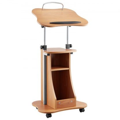 Podiumstativ, 1100 mm träpulpet, bärbart laptopbord med låsbara hjul, bred läsyta och öppet förvaringsutrymme, justerbar höjd och vinkel, för tal, föreläsningar eller presentationer
