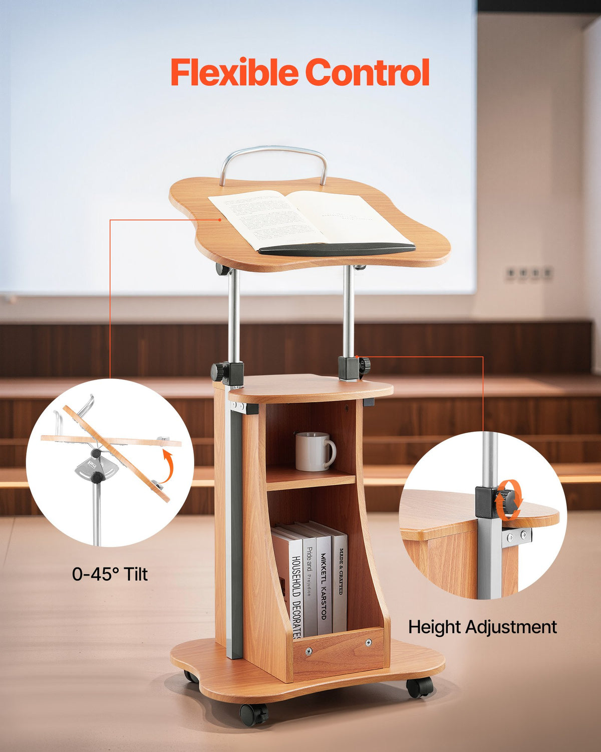 Podiumstativ, 1100 mm träpulpet, bärbart laptopbord med låsbara hjul, bred läsyta och öppet förvaringsutrymme, justerbar höjd och vinkel, för tal, föreläsningar eller presentationer