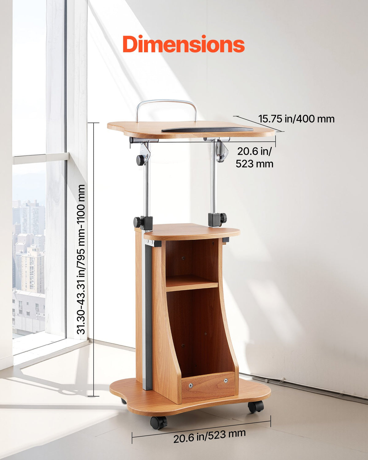 Podiumstativ, 1100 mm träpulpet, bärbart laptopbord med låsbara hjul, bred läsyta och öppet förvaringsutrymme, justerbar höjd och vinkel, för tal, föreläsningar eller presentationer