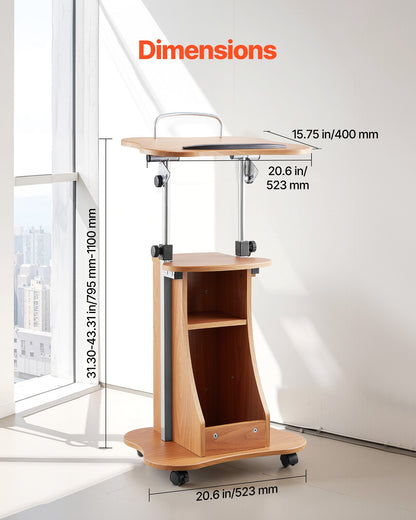 Podiumstativ, 1100 mm träpulpet, bärbart laptopbord med låsbara hjul, bred läsyta och öppet förvaringsutrymme, justerbar höjd och vinkel, för tal, föreläsningar eller presentationer